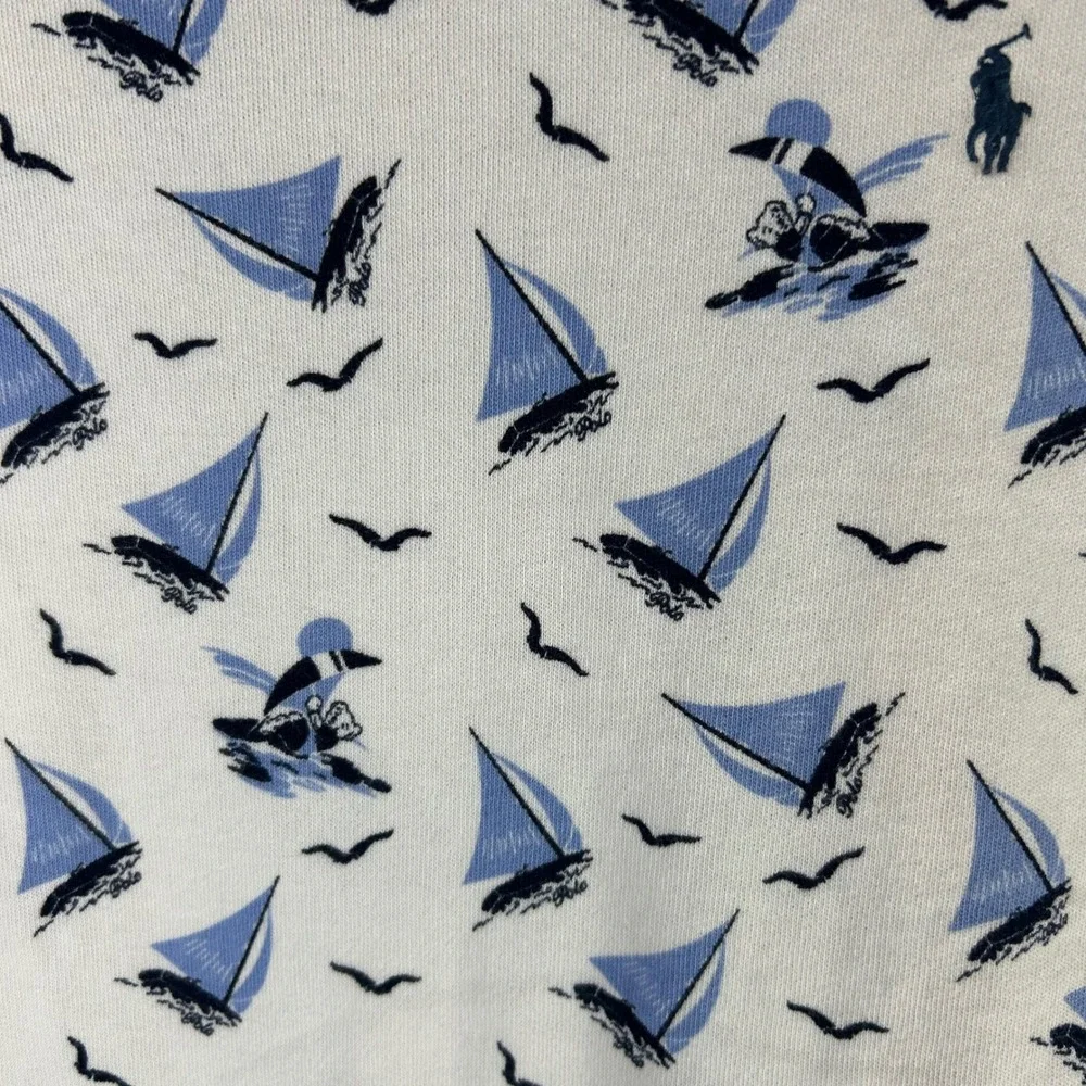 Polo Ralph Lauren Boys Spa Terry Sweatshirt White Blue Sailboats Bear Sz M 10-12